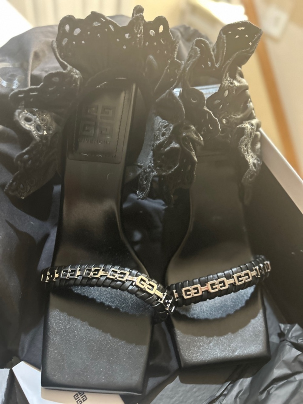 Givenchy Black Lace Ankle Strap Heeled Sandals with Chain Detail